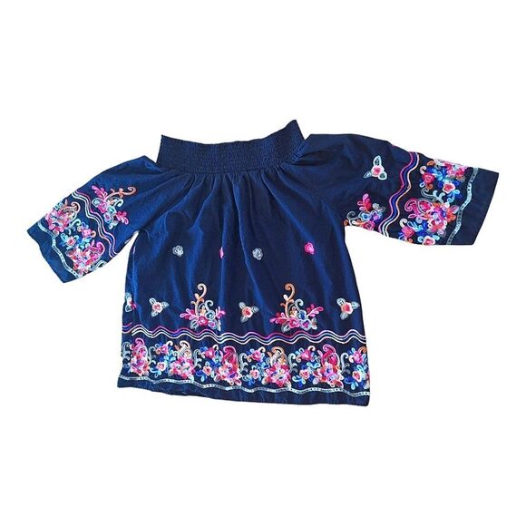 Colorful Bright Embroidered Cotton Blouse Top Smocked Off Shoulder Black XXL 2X - Picture 5 of 14